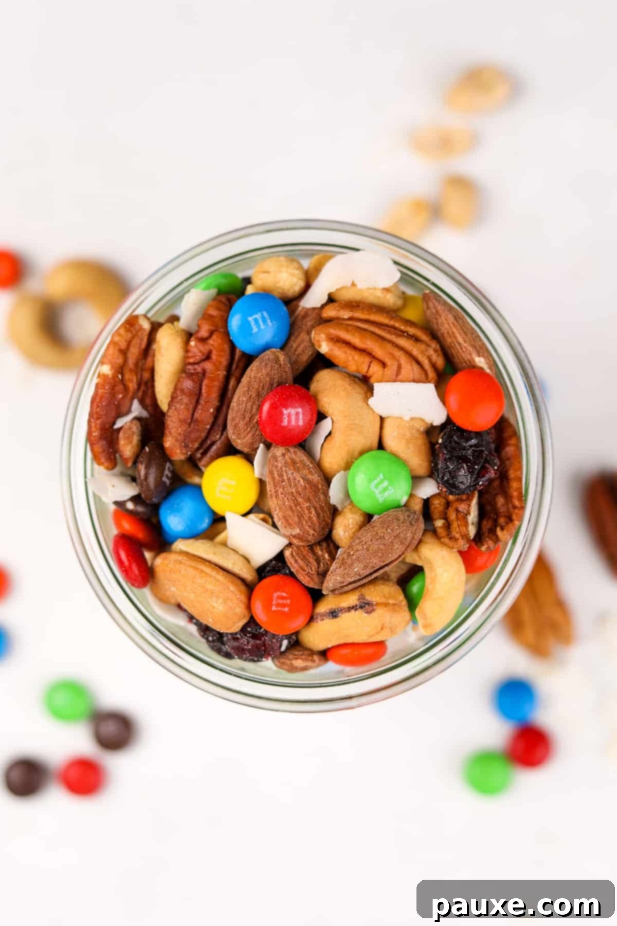 Trailblazer's Blend 8 An overhead view of a mason jar filled with homemade trail mix, ready for storage or gifting.