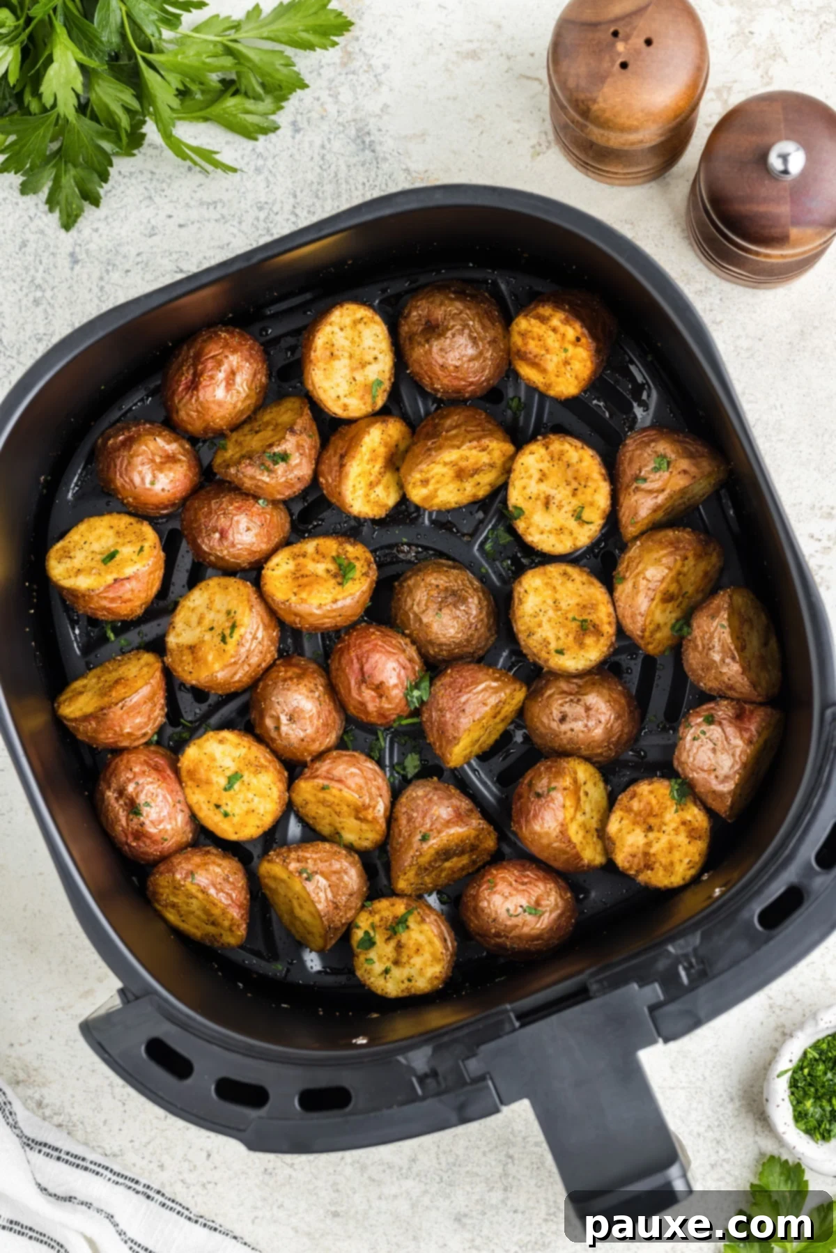 An air fryer basket filled with perfectly roasted baby red potatoes, golden and slightly charred.