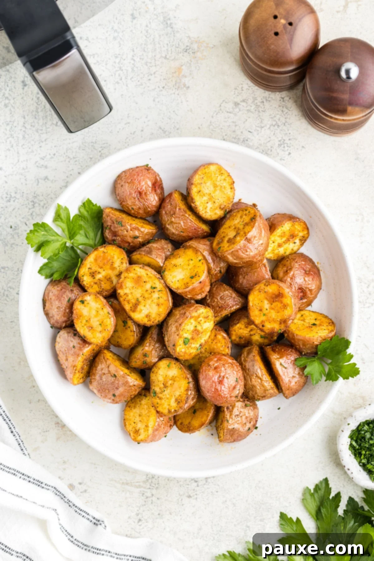 A beautifully arranged white plate showcasing perfectly roasted red baby potatoes, garnished for an appealing presentation.