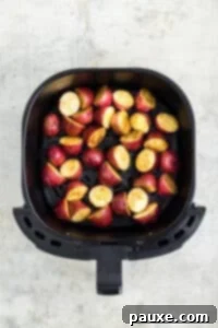 An air fryer basket filled with baby potatoes.