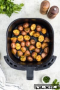 An air fryer basket with baby roasted potatoes inside.