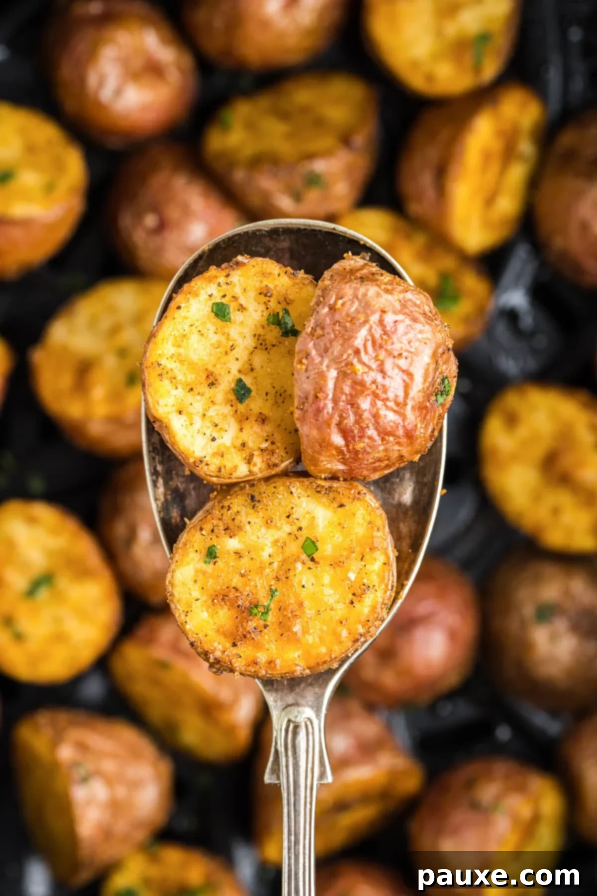 A large serving spoon scooping perfectly roasted potato halves from a bowl, showcasing their golden crispiness.