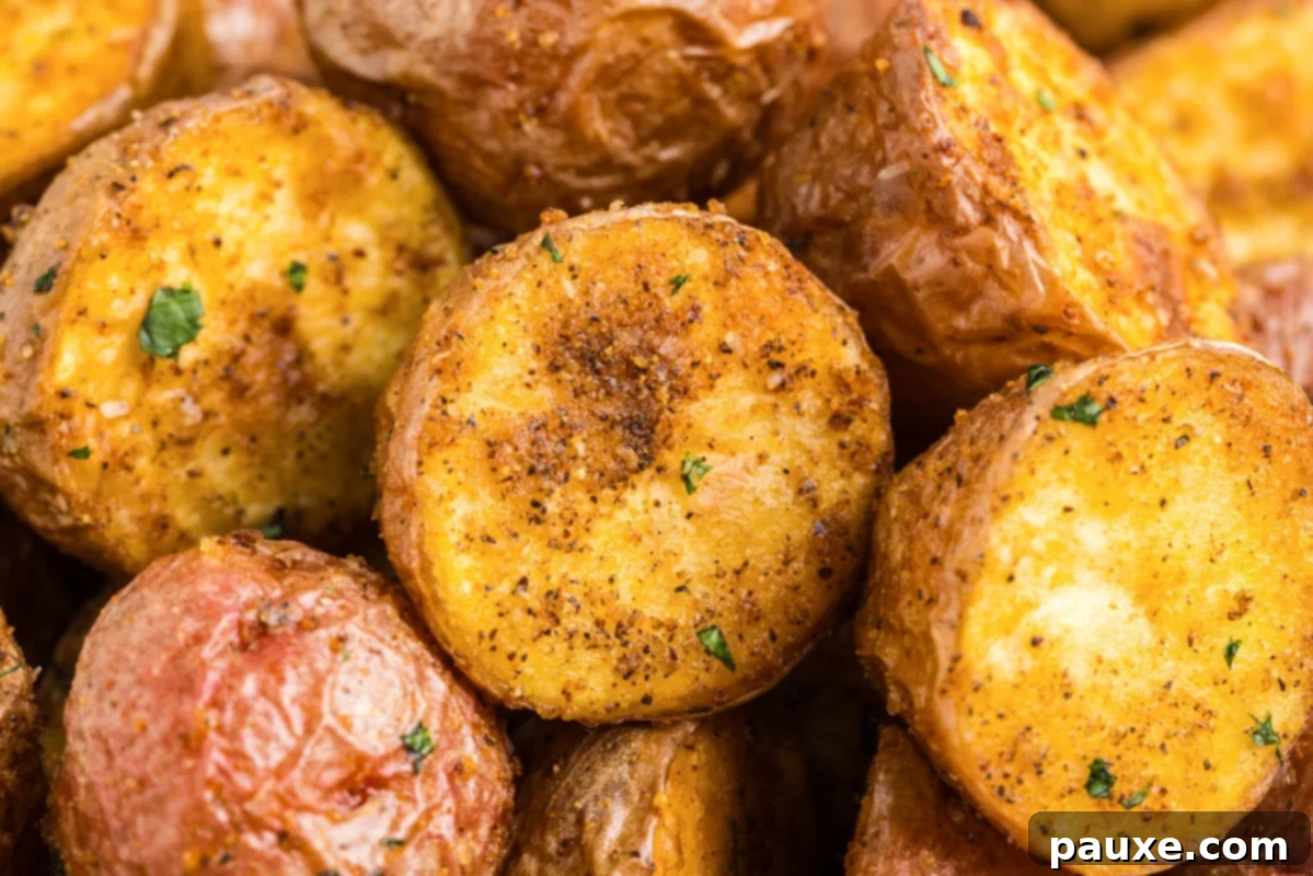 A close-up view of roasted potato halves, perfectly seasoned and golden-brown, invitingly displayed.
