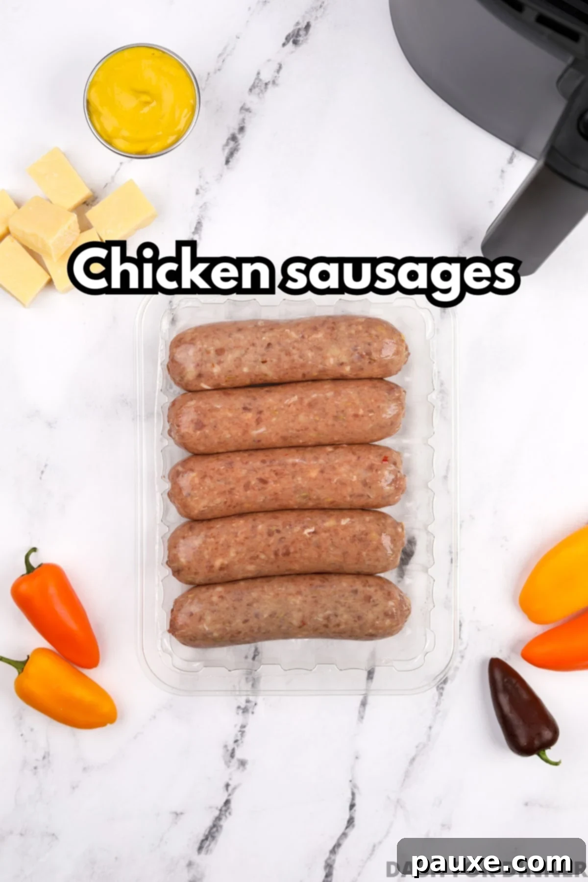 A clear plastic package containing raw, unseasoned chicken sausages, ready for cooking.