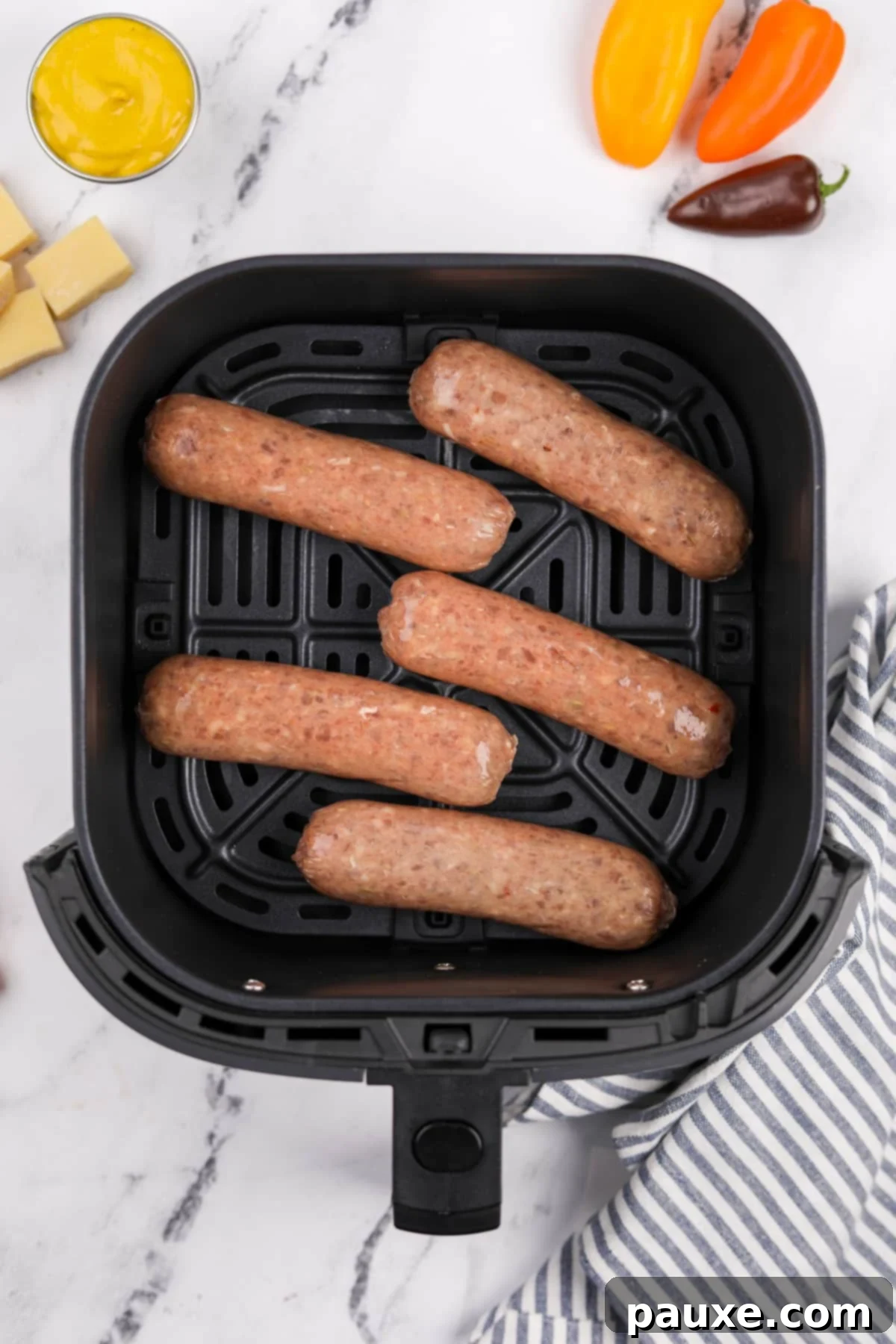 An air fryer basket arranged with raw chicken sausages in a single, even layer, showing proper spacing for optimal cooking.