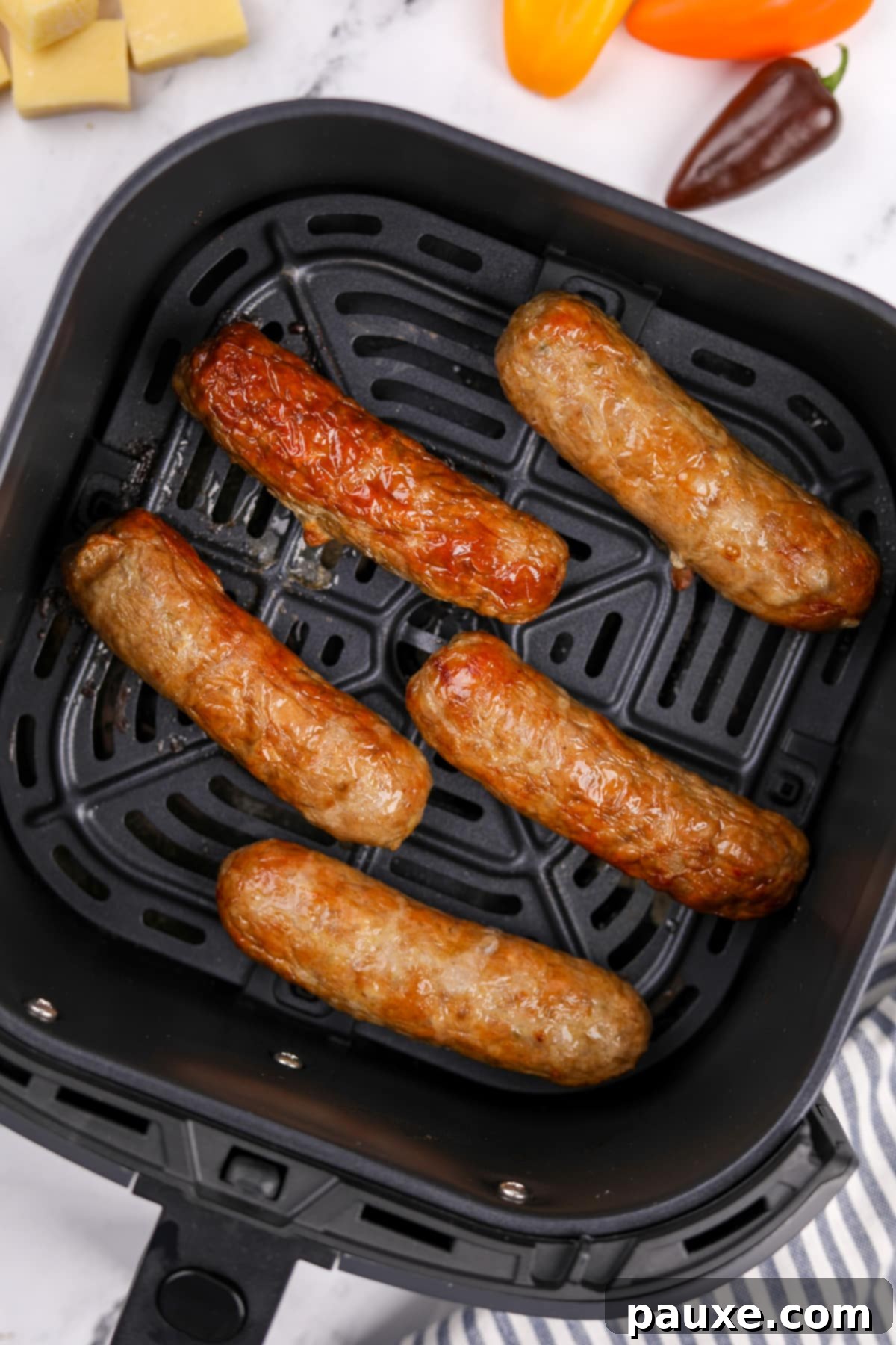 A simple yet appetizing shot of cooked chicken sausages resting in an air fryer basket, ready to be served, emphasizing their golden-brown finish.