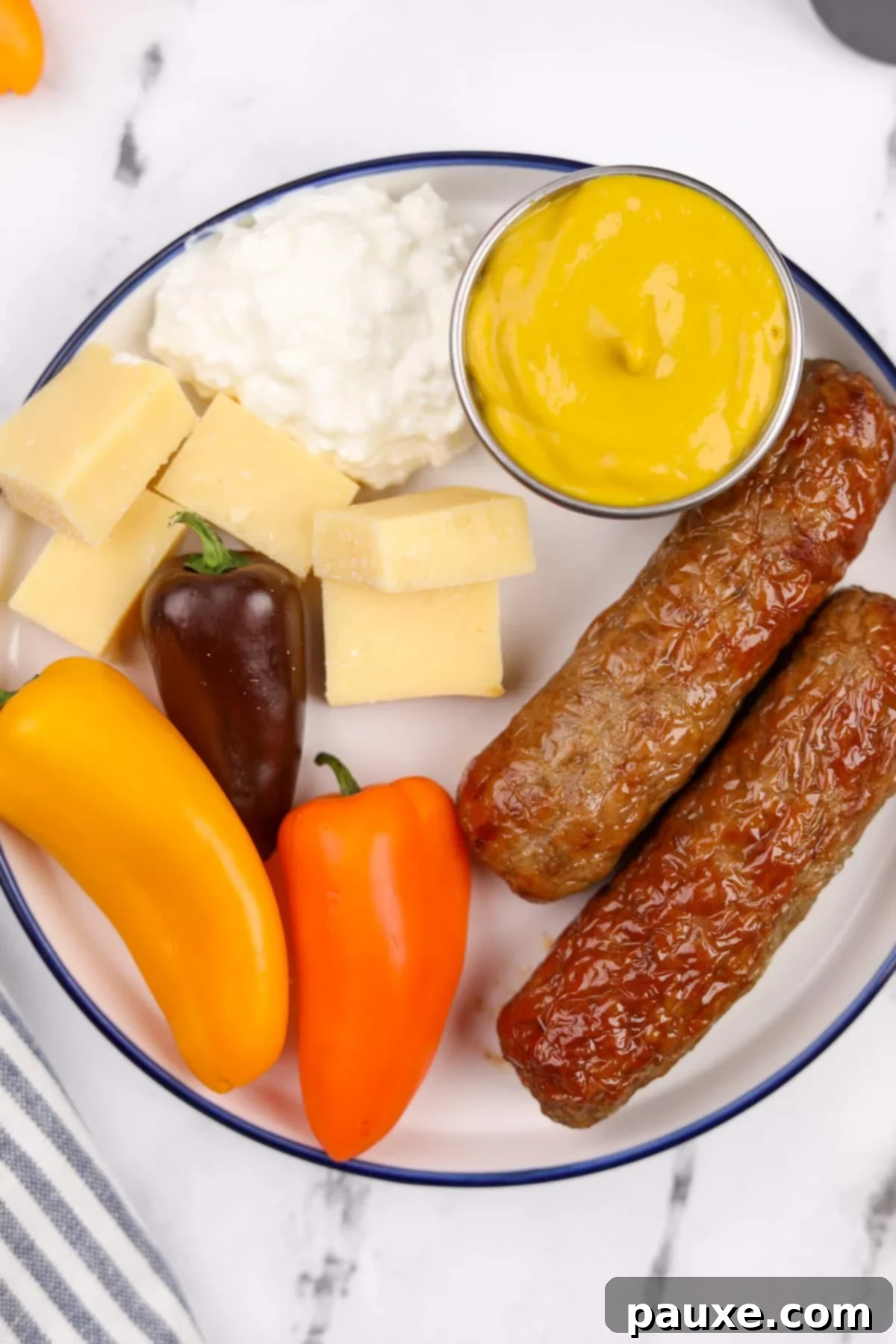A simple yet inviting close-up of air-fried chicken sausages on a plate, surrounded by a medley of fresh vegetables and a cube of cheese, showcasing a balanced and healthy meal.