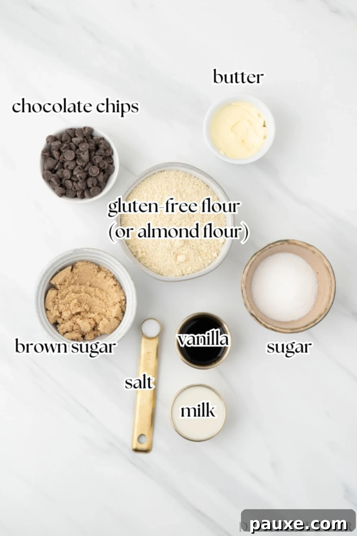 Safe-to-Eat Cookie Dough 3 The ingredients needed to make edible cookie dough, including butter, sugar, milk, and flour of choice.