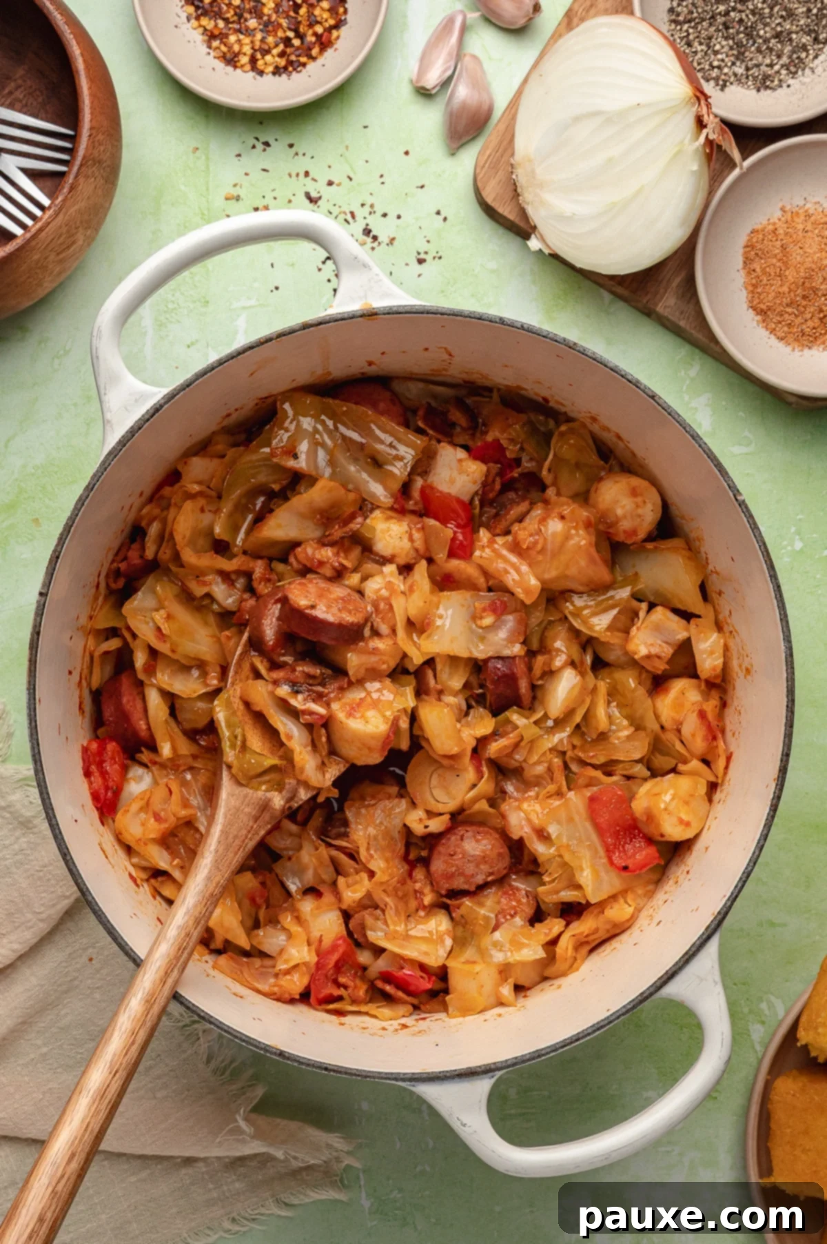 Heart of Palm Delights 2 A Dutch oven filled with swamp cabbage stew, sausage, and bacon.