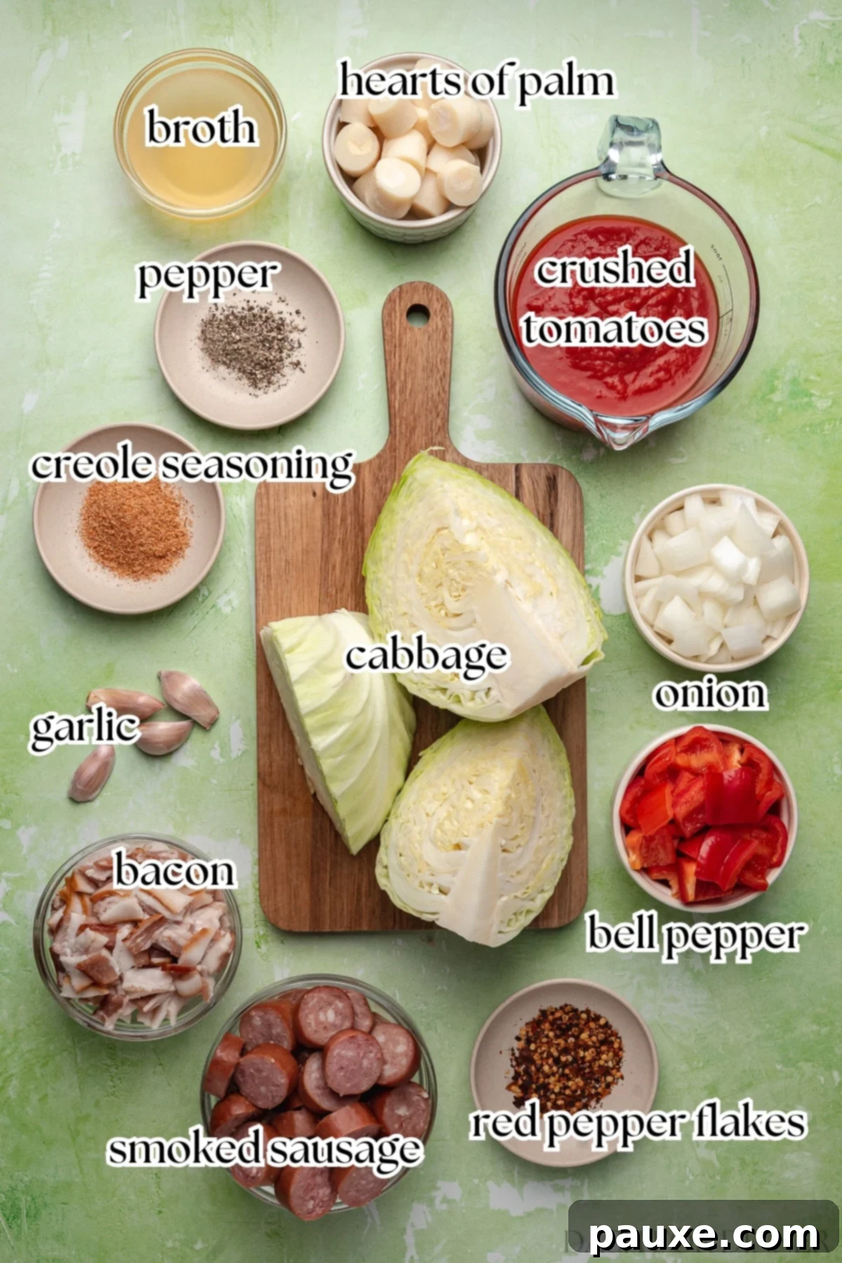 Heart of Palm Delights 3 The ingredients needed to make swamp cabbage, including smoked sausage, bacon, and seasoning.