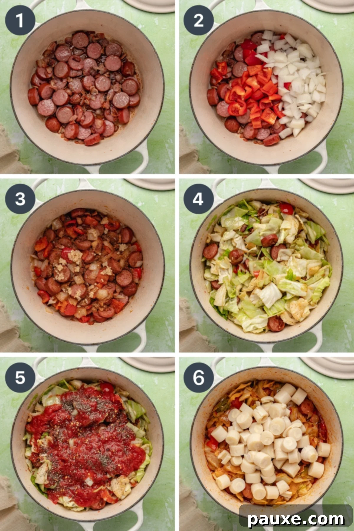 Heart of Palm Delights 4 Adding cabbage to a pot of sausage, bacon, red pepper, and onion.