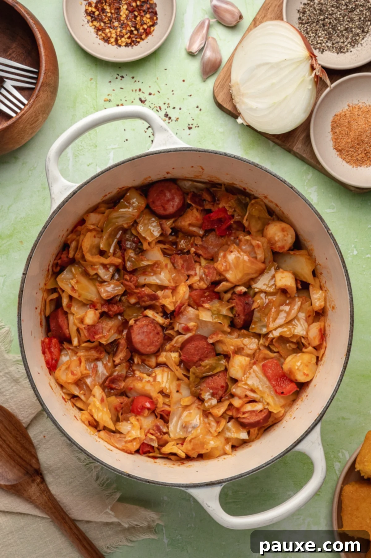 Heart of Palm Delights 5 A Dutch oven filled with stewed cabbage with smoked sausage.