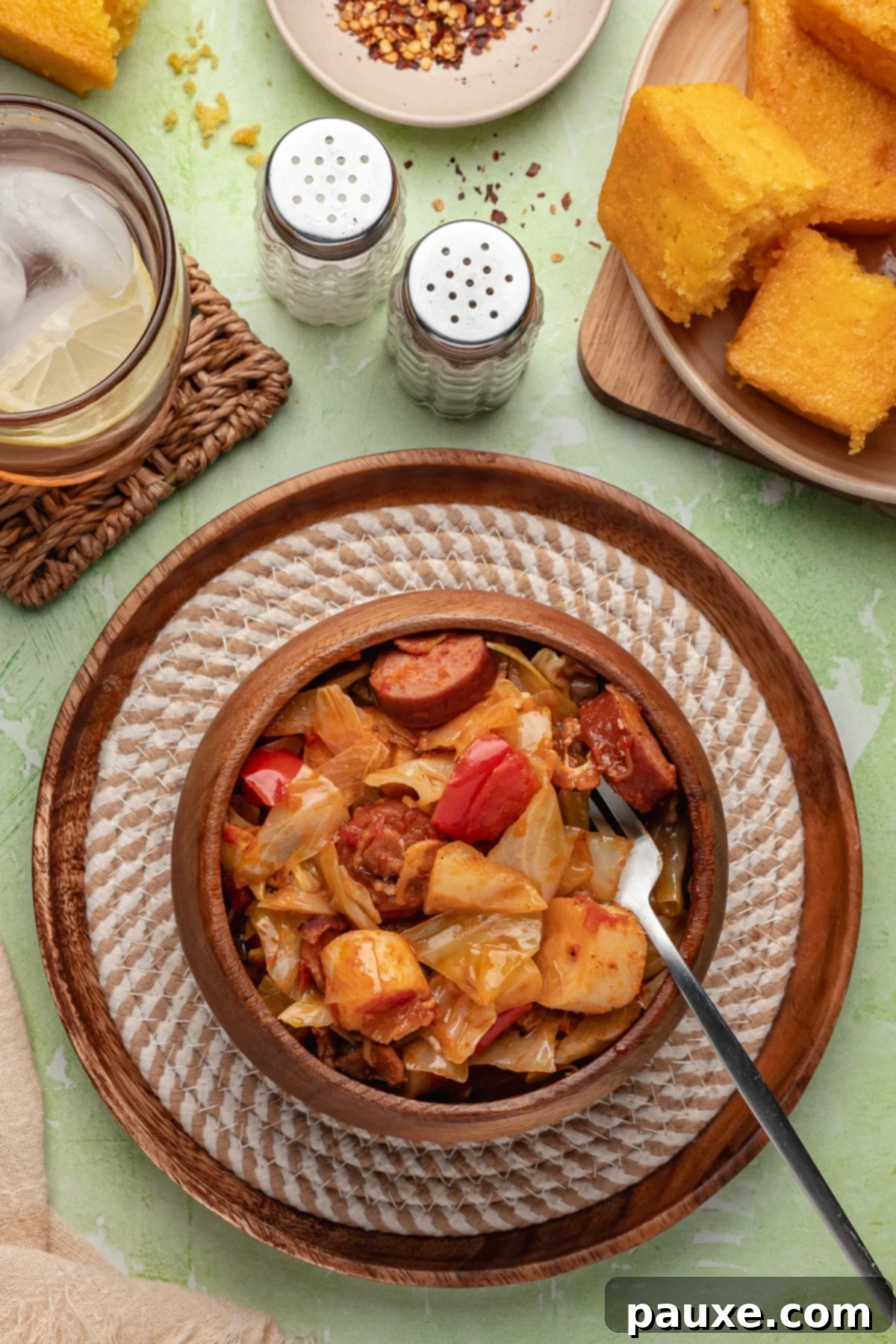 Heart of Palm Delights 7 A bowl of cabbage and sausage stew with cornbread on a plate off to the side.