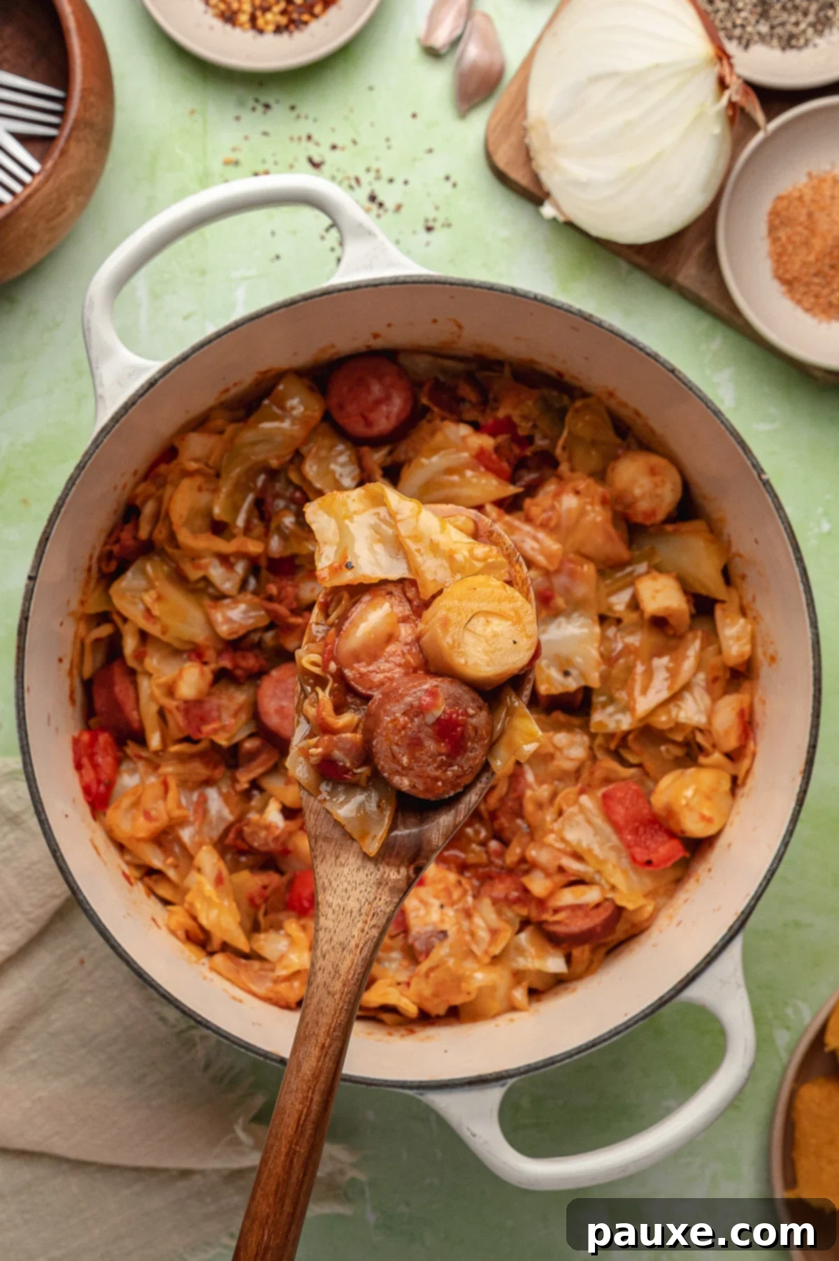 Heart of Palm Delights 8 A wooden spoon taking a portion of cabbage and sausage from a Dutch oven.