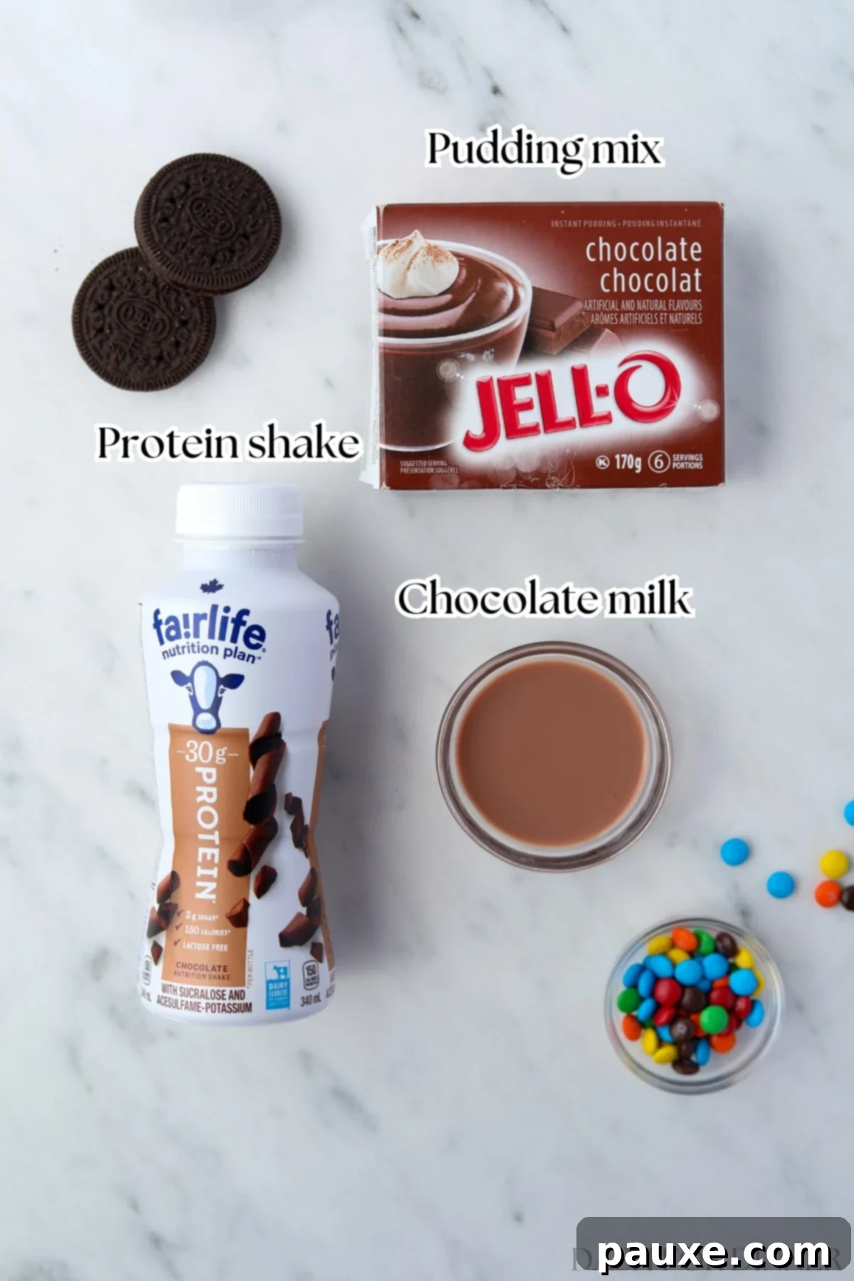 Ninja Creami Chocolate Protein Dream 3 Ingredients for Ninja Creami Chocolate Protein Ice Cream: protein shake, pudding mix, and milk