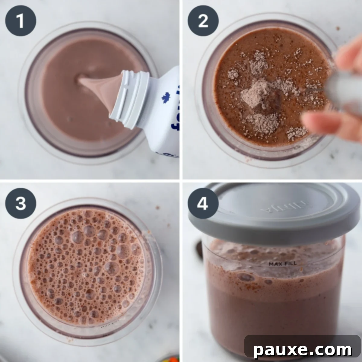Ninja Creami Chocolate Protein Dream 4 Adding protein shake and pudding mix to a Ninja Creami container