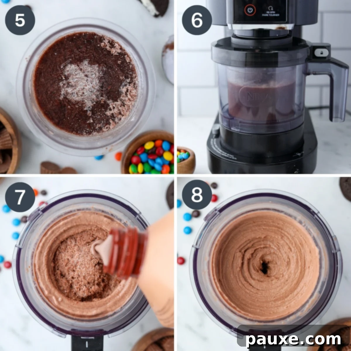 Ninja Creami Chocolate Protein Dream 5 Spinning frozen ice cream base in a Ninja Creami machine