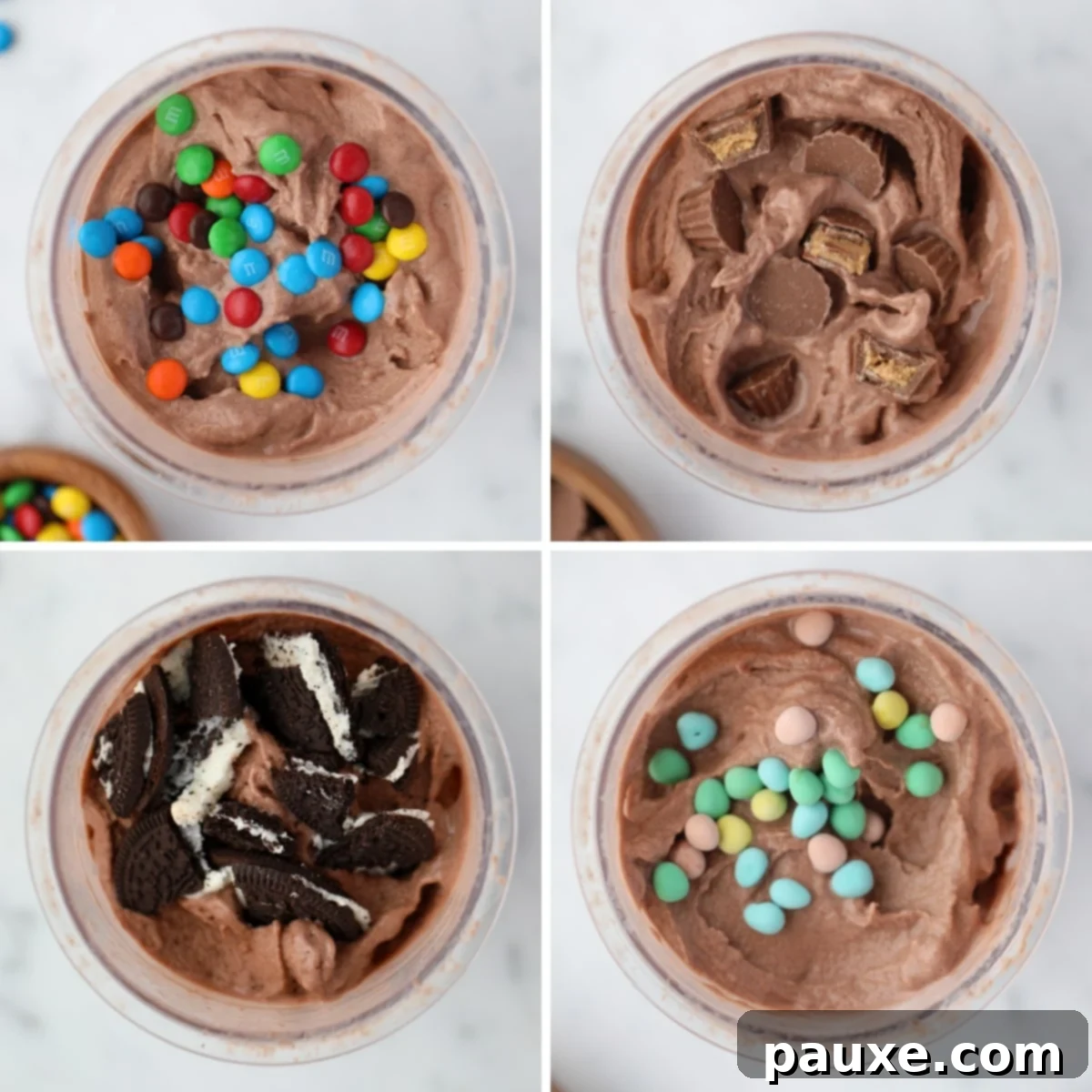 Ninja Creami Chocolate Protein Dream 6 Four containers of Ninja Creami chocolate protein ice cream with different mix-ins