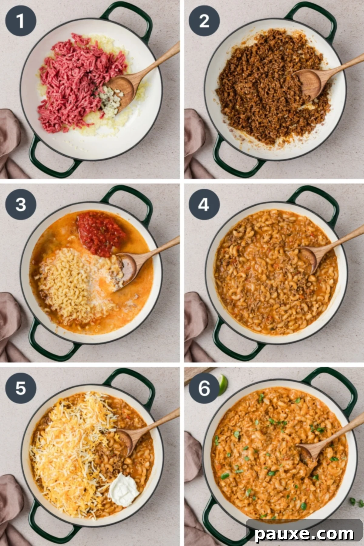 Taco Mac 'n' Cheese Explosion 4 A series of images showing the cooking process, from browning the ground beef to adding the macaroni and liquid, and finally, the melted cheese.