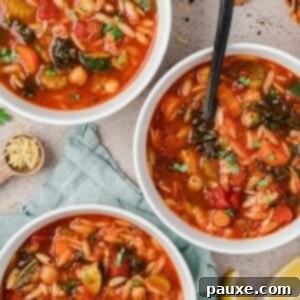 Vegetarian Orzo Delight 7 Bowls of soup with vegetables, orzo, and chickpeas