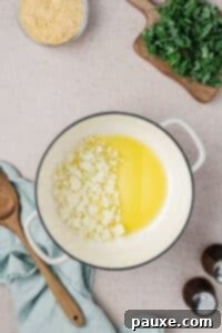 Vegetarian Orzo Delight 8 Adding onion to oil in a dutch oven