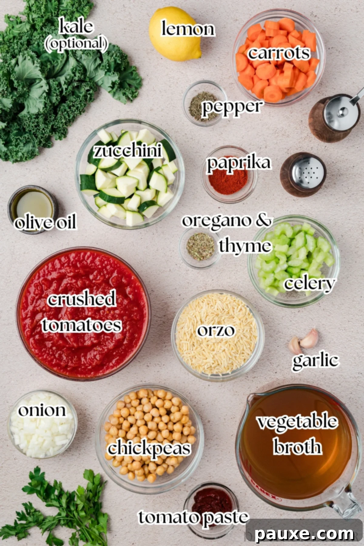 Vegetarian Orzo Delight 3 Fresh ingredients for vegetable soup, including zucchini, kale, crushed tomatoes, and onion