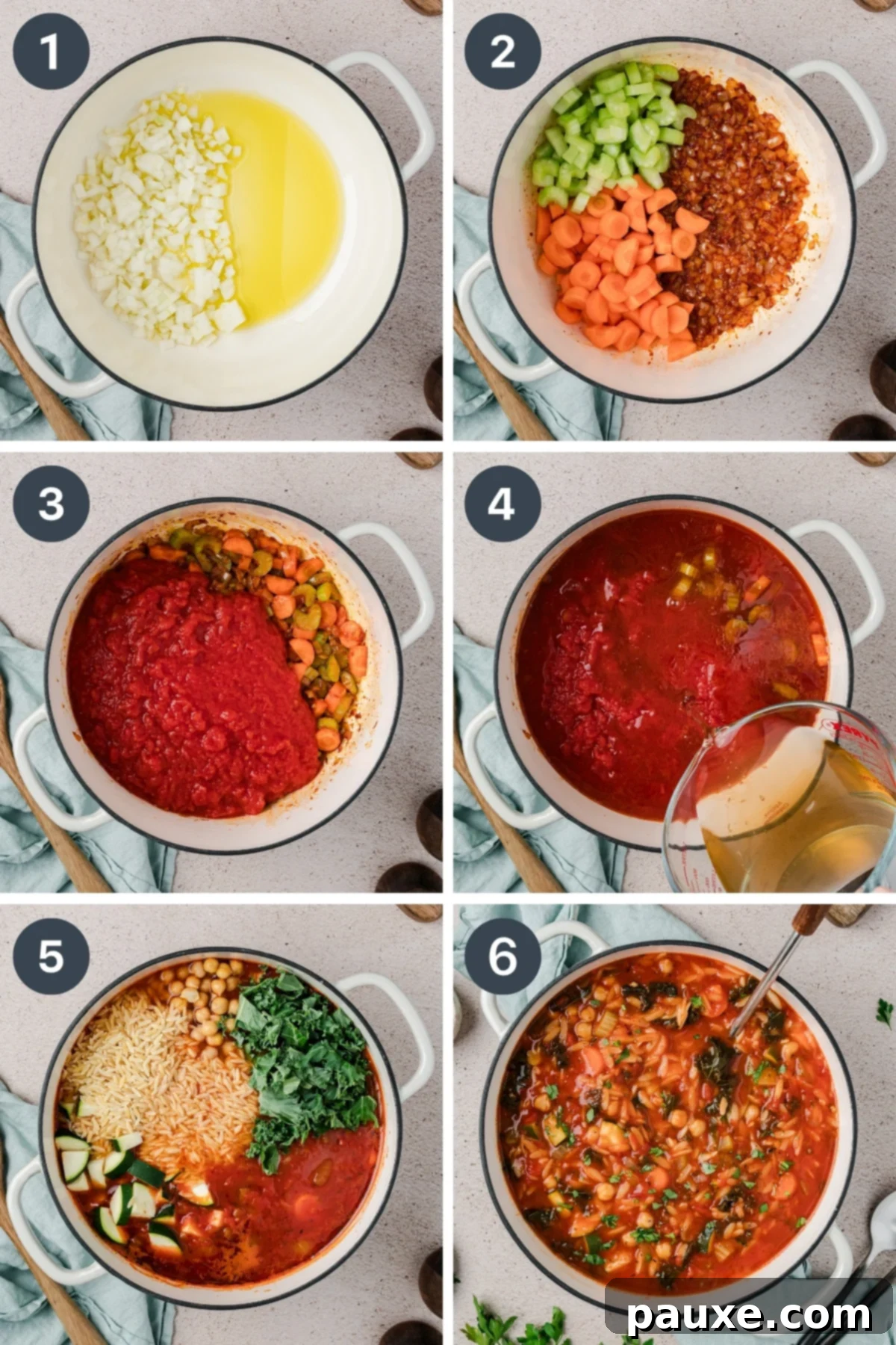 Vegetarian Orzo Delight 4 Adding aromatic vegetables, crushed tomatoes, and broth to a large pot for soup