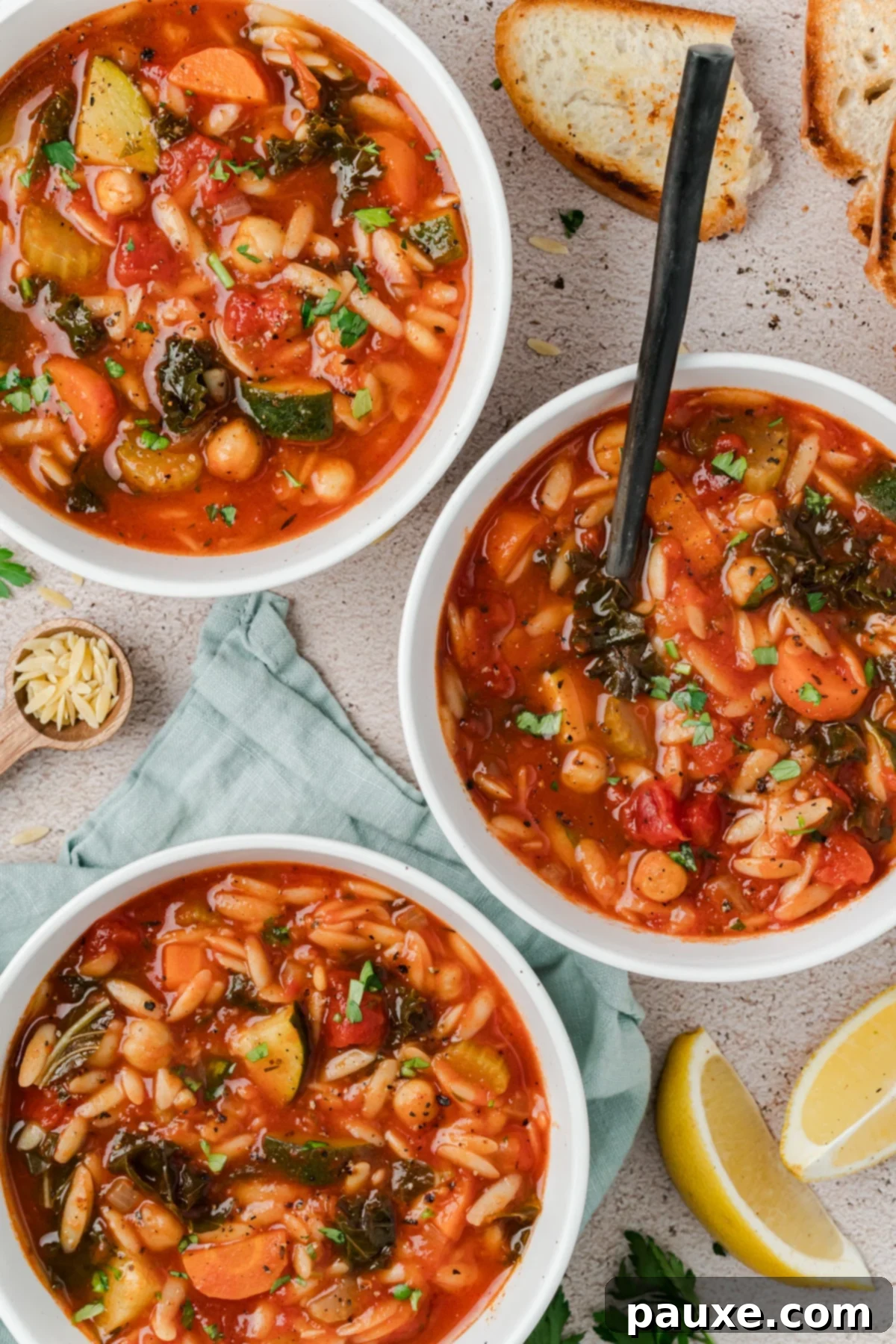 Vegetarian Orzo Delight 5 Bowls of delicious vegetable soup with orzo and kale