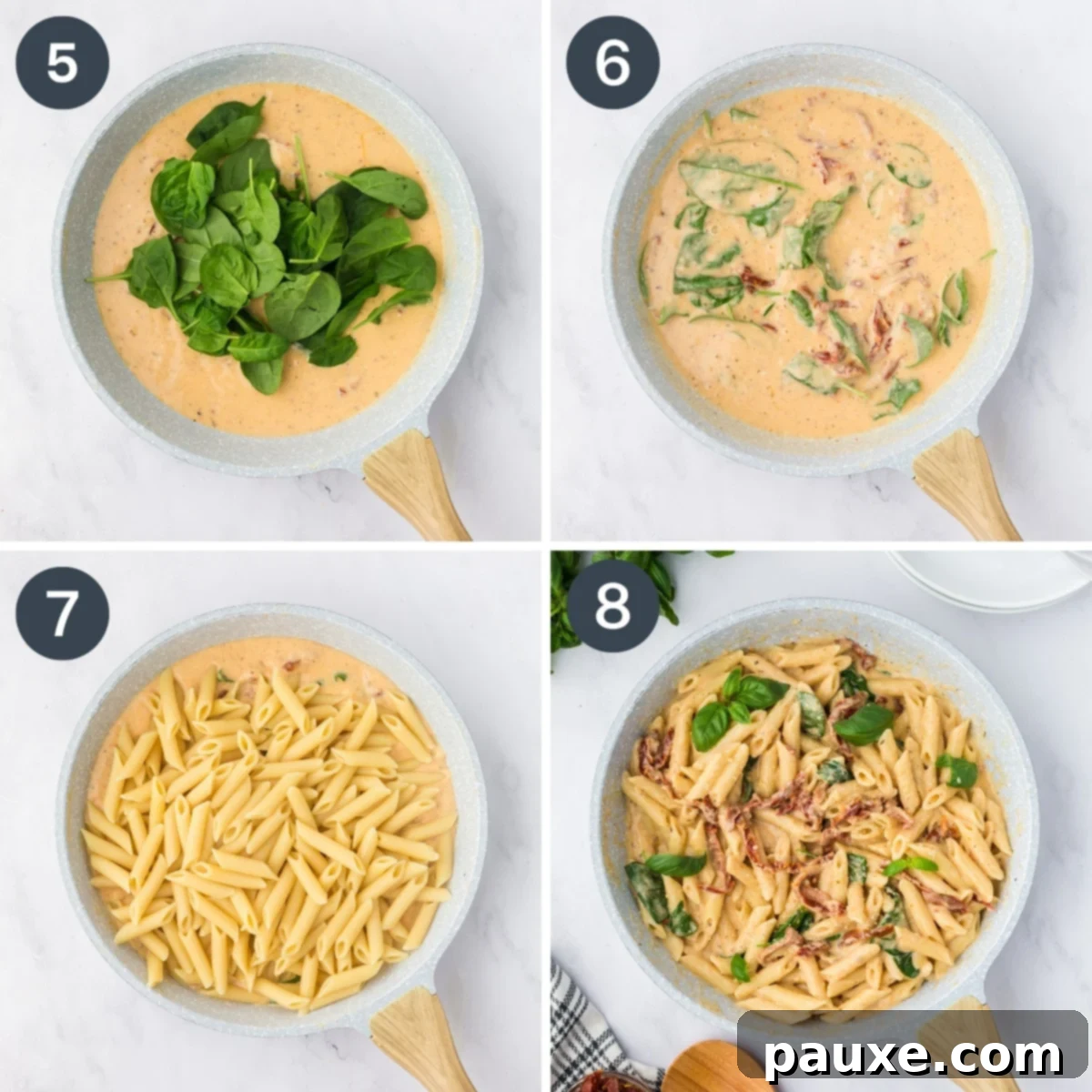 Delicious Creamy Tomato Pasta 5 Adding spinach and pasta to the creamy sun-dried tomato sauce