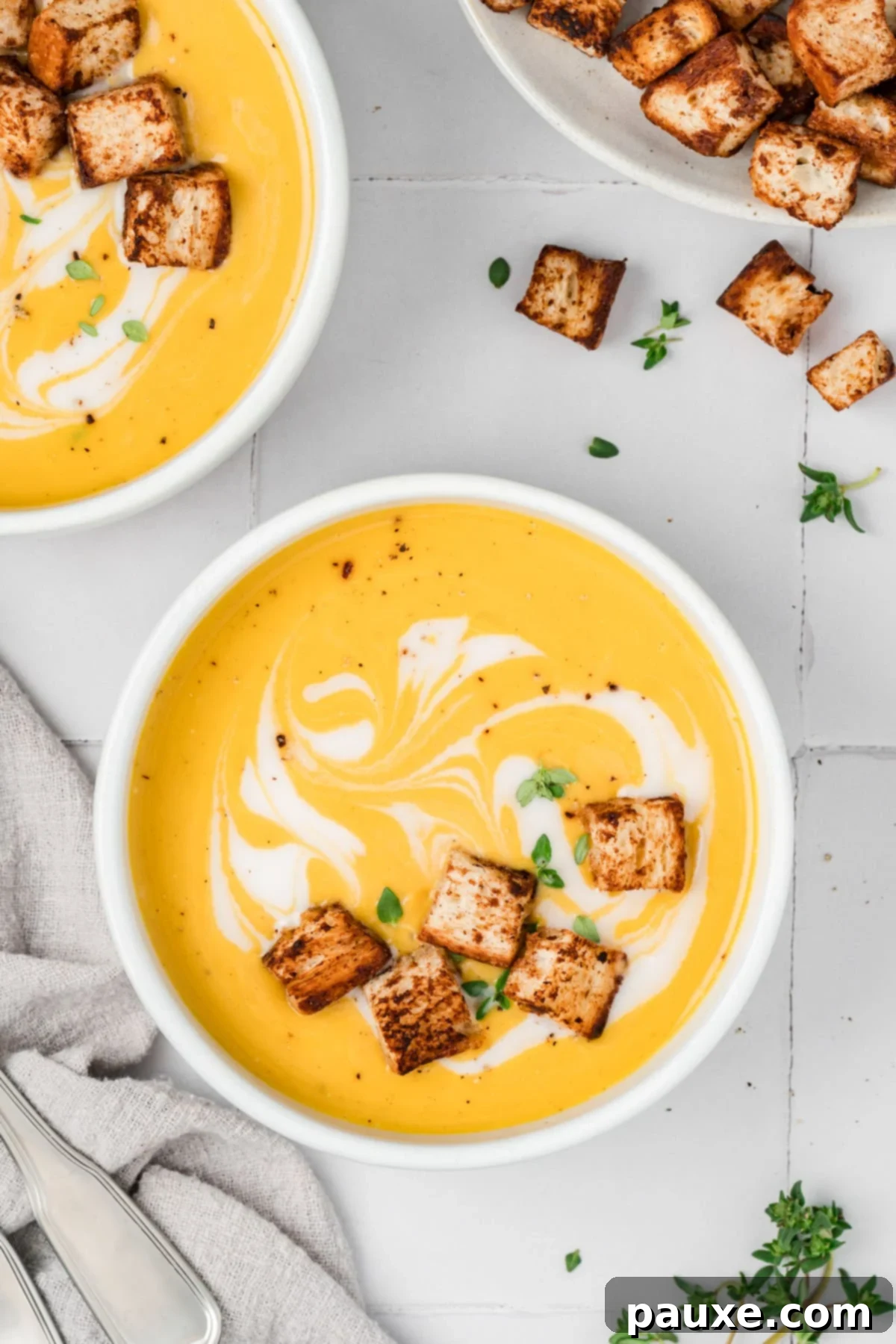 Creamy Autumn Harvest Soup 2 A creamy bowl of butternut squash apple soup garnished with coconut milk and croutons