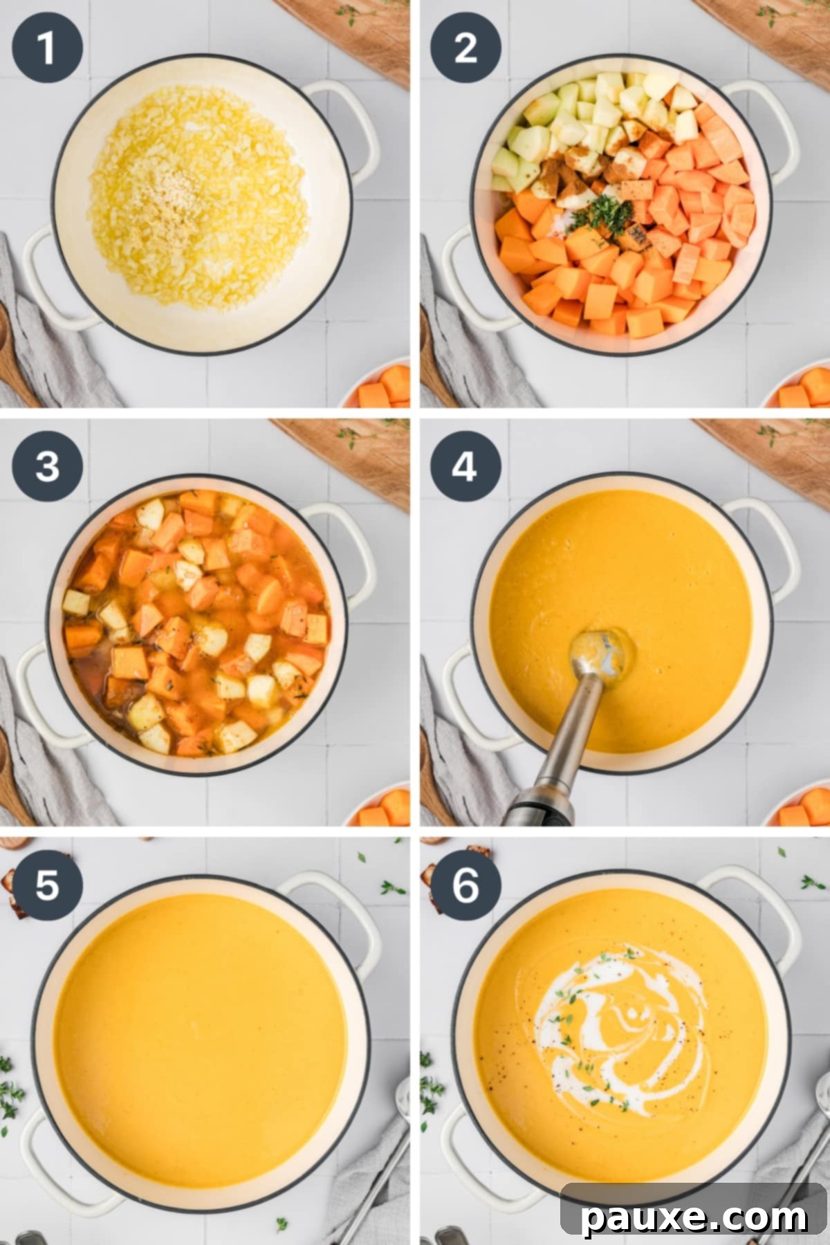 Creamy Autumn Harvest Soup 4 Butternut squash, apples, and broth cooking in a Dutch oven