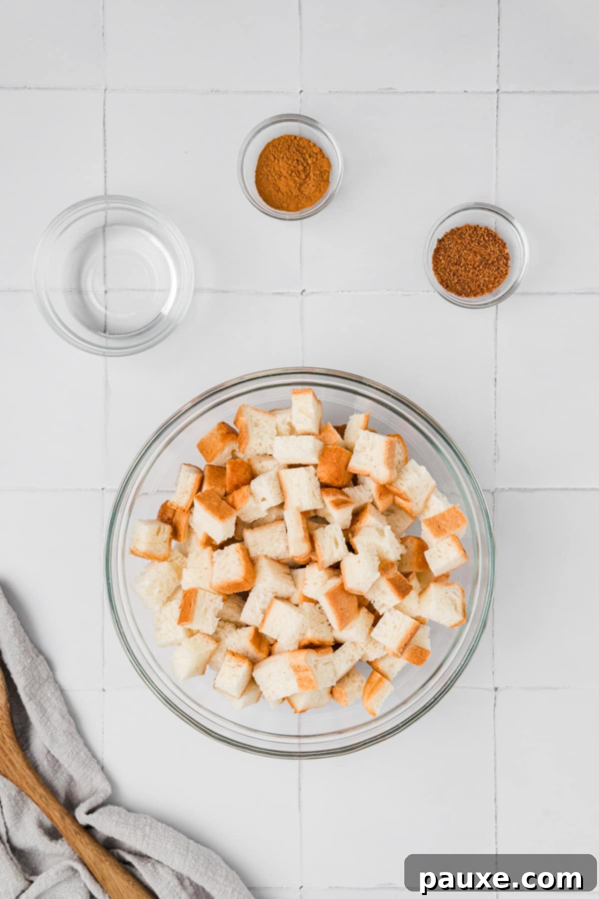 Creamy Autumn Harvest Soup 5 Bread cubes and ingredients for making cinnamon croutons