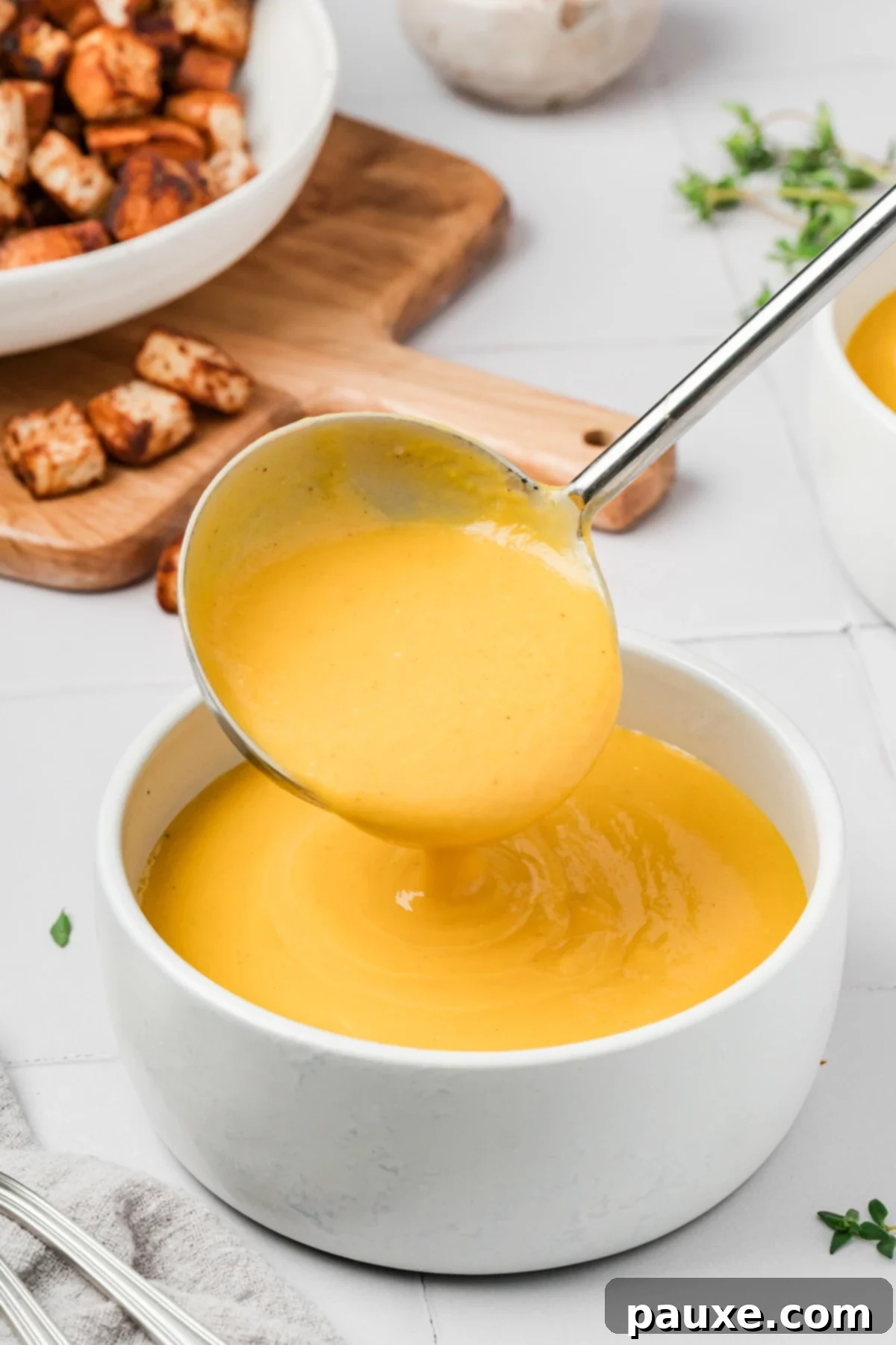 Creamy Autumn Harvest Soup 8 Ladling butternut squash soup into a bowl