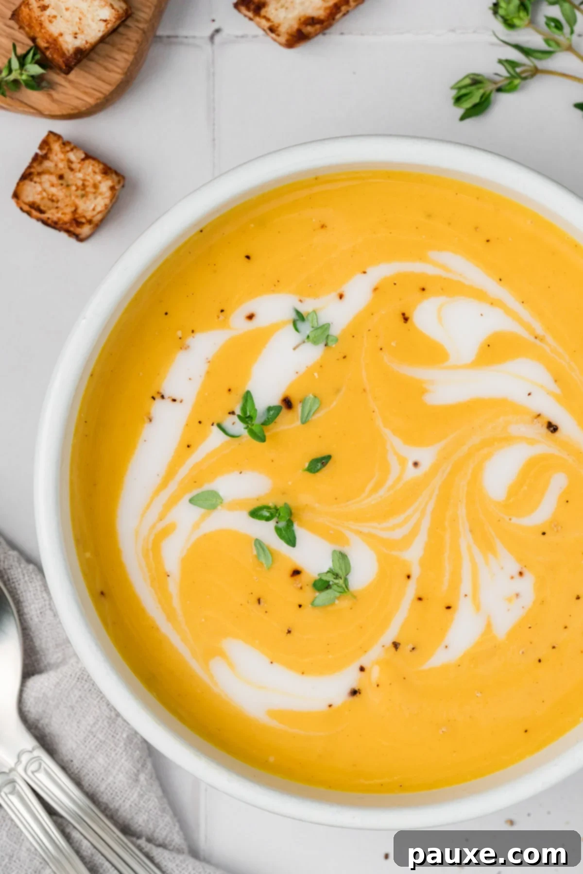Creamy Autumn Harvest Soup 9 A bowl of butternut squash soup with coconut oil and fresh thyme