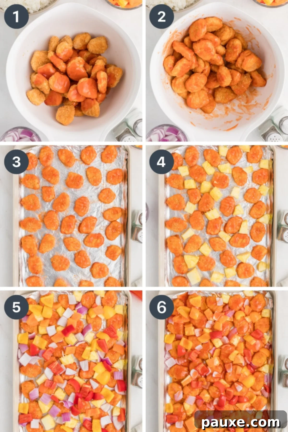 Adding chicken nuggets and veggies to a sheet pan for sweet and sour chicken nuggets.
